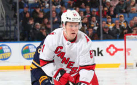 BUFFALO, NY – NOVEMBER 14: Jake Gardiner #51 of the Carolina Hurricanes skates with the puck during an NHL game against the Buffalo Sabres on November 14, 2019 at KeyBank Center in Buffalo, New York. (Photo by Bill Wippert/NHLI via Getty Images)