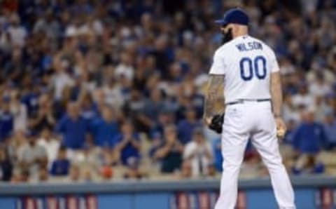 Sep 22, 2014; Los Angeles, CA, USA; Los Angeles Dodgers relief pitcher Brian Wilson (00) in the eighth inning of the game against the San Francisco Giants at Dodger Stadium. Mandatory Credit: Jayne Kamin-Oncea-USA TODAY Sports