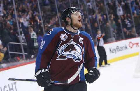 Gabriel Landeskog (92) reacts after scoring the game winning goal during the overtime period against the St. Louis Blues at Pepsi Center. The Avs won 4-3 in overtime. Mandatory Credit: Chris Humphreys-USA TODAY Sports