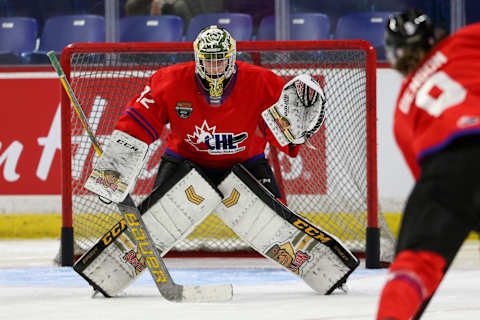 LANGLEY, BRITISH COLUMBIA – JANUARY 25: Goaltender Charlie Robertson #32 of the North Bay Battalion skates for Team Red during the 2023 Kubota CHL Top Prospects Game Practice at the Langley Events Centre on January 25, 2023 in Langley, British Columbia. (Photo by Dennis Pajot/Getty Images)