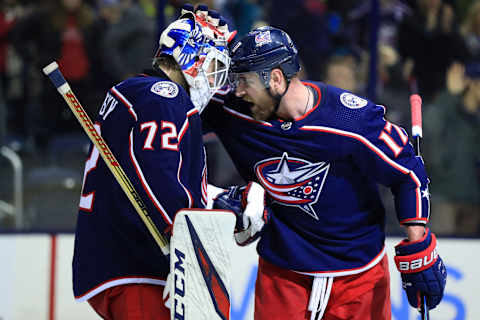 Columbus, OH, USA; Columbus Blue Jackets goaltender Sergei Bobrovsky (72) celebrates with center Brandon Dubinsky (17) at Nationwide Arena. Mandatory Credit: Aaron Doster-USA TODAY Sports