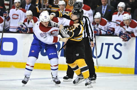 BOSTON, MA – FEBRUARY 12: Boston Bruins Defenceman Torey Krug (47) gets into a fight with Montreal Canadiens Winger Andrew Shaw (65). During the Boston Bruins game against the Montreal Canadiens on February 12, 2017 at TD Bank Garden in Boston, MA. (Photo by Michael Tureski/Icon Sportswire via Getty Images) (Photo by Michael Tureski/Icon Sportswire via Getty Images)