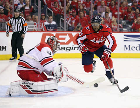 WASHINGTON, DC – APRIL 24: Devante Smith-Pelly #25 of the Washington Capitals attempts to control the puck in front of Petr Mrazek #34 of the Carolina Hurricanes during the second period in Game Seven of the Eastern Conference First Round during the 2019 NHL Stanley Cup Playoffs at the Capital One Arena on April 24, 2019 in Washington, DC. (Photo by Patrick Smith/Getty Images)