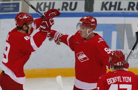 MOSCOW, RUSSIA – OCTOBER 24, 2016: HC Spartak Moscow’s Lukas Radil, Ryan Stoa, and Vladimir Bobylyov (L-R) celebrate Stoa’s goal against HC Torpedo Nizhny Novgorod in their 2016/17 KHL Regular Season ice hockey match at the Luzhniki Stadium. Mikhail Japaridze/TASS (Photo by Mikhail JaparidzeTASS via Getty Images)