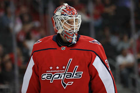 WASHINGTON, DC – SEPTEMBER 18: Goalie Ilya Samsonov #30 of the Washington Capitals tends the net against the Boston Bruins during the third period of a preseason NHL game at Capital One Arena on September 18, 2018 in Washington, DC. (Photo by Patrick Smith/Getty Images)