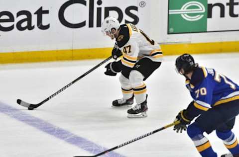 ST. LOUIS, MO – JUN 09: Boston Bruins defenseman Torey Krug (47) skates with the puck ahead of St. Louis Blues center Oskar Sundqvist (70) during Game 6 of the Stanley Cup Final between the Boston Bruins and the St. Louis Blues, on June 09, 2019, at Enterprise Center, St. Louis, Mo. (Photo by Keith Gillett/Icon Sportswire via Getty Images)