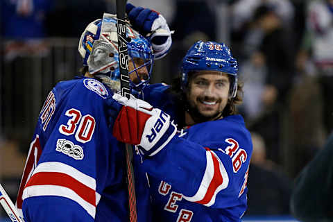 May 4, 2017; New York, NY, USA; New York Rangers goalie Henrik Lundqvist (30) and New York Rangers right wing Mats Zuccarello (36) celebrate after defeating the Ottawa Senators in game four of the second round of the 2017 Stanley Cup Playoffs at Madison Square Garden. Mandatory Credit: Adam Hunger-USA TODAY Sports