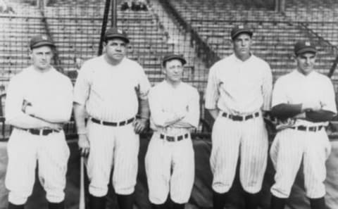 Stars of the 1927 New York Yankees: From left, Waite Hoyt, Babe Ruth, manager Miller Huggins, Bob Meusel and Bob Shawkey. (Photo by Mark Rucker/Transcendental Graphics, Getty Images)