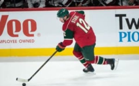 Sep 27, 2016; Saint Paul, MN, USA; Minnesota Wild forward Eric Staal (12) during a preseason hockey game against the Colorado Avalanche at Xcel Energy Center. The Avalanche defeated the Wild 4-1. Mandatory Credit: Brace Hemmelgarn-USA TODAY Sports