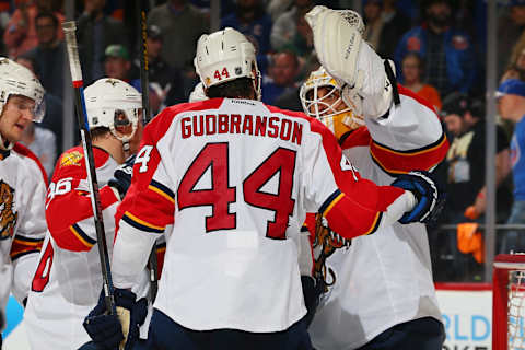 NEW YORK, NY – APRIL 20: Erik Gudbranson #44 and Roberto Luongo #1 of the Florida Panthers celebrate their win over the New York Islanders in Game Four of the Eastern Conference First Round during the NHL 2016 Stanley Cup Playoffs at the Barclays Center on April 20, 2016 in Brooklyn borough of New York City. The Panthers defeated the Islanders 2-1. (Photo by Mike Stobe/NHLI via Getty Images)