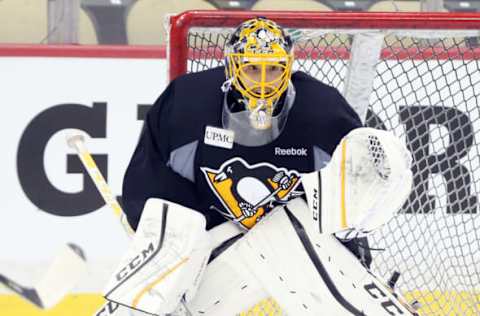 May 28, 2017; Pittsburgh, PA, USA; Pittsburgh Penguins goalie Marc-Andre Fleury (29) in goal at Penguins practice during media day before the start of the 2017 Stanley Cup Final at PPG PAINTS Arena. Mandatory Credit: Charles LeClaire-USA TODAY Sports