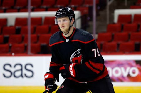 RALEIGH, NORTH CAROLINA – JANUARY 28: Steven Lorentz #78 of the Carolina Hurricanes skates during the first period of their game against the Tampa Bay Lightning at PNC Arena on January 28, 2021 in Raleigh, North Carolina. (Photo by Jared C. Tilton/Getty Images)