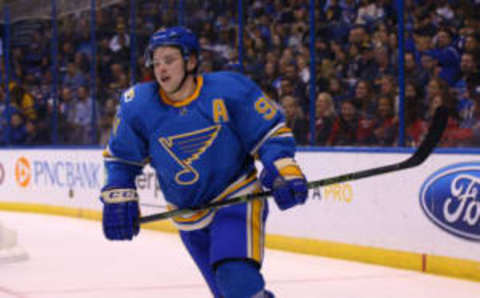 Mar 25, 2017; St. Louis, MO, USA; St. Louis Blues right wing Vladimir Tarasenko (91) is seen during the second period against the Calgary Flames at Scottrade Center. Mandatory Credit: Billy Hurst-USA TODAY Sports