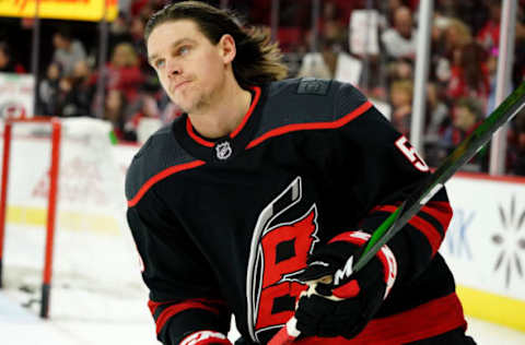 RALEIGH, NC – DECEMBER 31: Erik Haula #56 of the Carolina Hurricanes skates during pregame warm ups prior to an NHL game against the Montreal Canadiens on December 31, 2019 at PNC Arena in Raleigh, North Carolina. (Photo by Gregg Forwerck/NHLI via Getty Images)