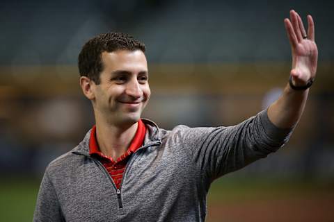 MILWAUKEE, WI – APRIL 21: General manager David Stearns of the Milwaukee Brewers waves during batting practice before the game against the Miami Marlins at Miller Park on April 21, 2018 in Milwaukee, Wisconsin. (Dylan Buell/Getty Images) *** Local Caption *** David Stearns