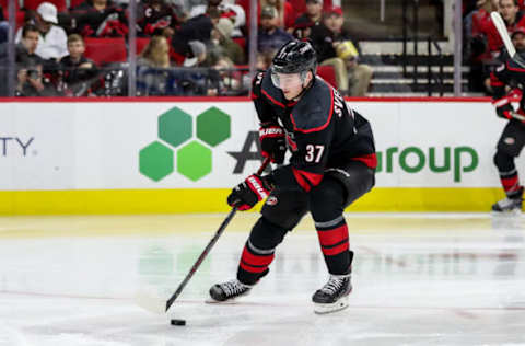 RALEIGH, NC – JANUARY 03: Carolina Hurricanes Left Wing Andrei Svechnikov (37) is alone versus the goaltender during an NHL game between the Carolina Hurricanes and the Washington Capitals on January 3, 2020, at the PNC Arena in Raleigh, NC. (Photo by John McCreary/Icon Sportswire via Getty Images)