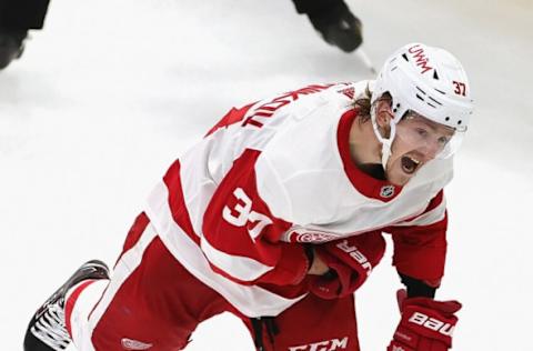 CHICAGO, ILLINOIS – FEBRUARY 27: Evgeny Svechnikov #37 of the Detroit Red Wings celebrates scoring a third-period goal against the Chicago Blackhawks at the United Center on February 27, 2021, in Chicago, Illinois. The Red Wings defeated the Blackhawks 5-3. (Photo by Jonathan Daniel/Getty Images)