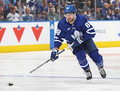 William Nylander #88 of the Toronto Maple Leafs skates with the puck (Photo by Claus Andersen/Getty Images)