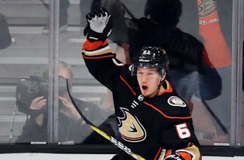 ANAHEIM, CA – MARCH 30: Anaheim Ducks center Rickard Rakell (67) reacts after scoring the game-winning goal with seconds left in overtime to defeat the Los Angeles Kings 2 to 1 in a game played on March 30, 2018. (Photo by John Cordes/Icon Sportswire via Getty Images)