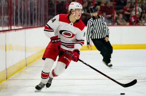 RALEIGH, NC – JUNE 30: Carolina Hurricanes Lenni Killinen (54) skates the puck up ice during the Canes Prospect Game at the PNC Arena in Raleigh, NC on June 30, 2018. (Photo by Greg Thompson/Icon Sportswire via Getty Images)