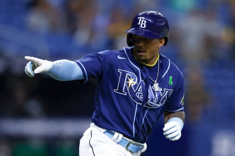 ST PETERSBURG, FLORIDA – MAY 03: Wander Franco #5 of the Tampa Bay Rays reacts after hitting a solo home run during the seventh inning against the Pittsburgh Pirates at Tropicana Field on May 03, 2023 in St Petersburg, Florida. (Photo by Douglas P. DeFelice/Getty Images)