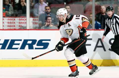 VANCOUVER, BC – MARCH 27: Corey Perry #10 of the Anaheim Ducks skates up ice with the puck during their NHL game against the Vancouver Canucks at Rogers Arena March 27, 2018, in Vancouver, British Columbia, Canada. (Photo by Jeff Vinnick/NHLI via Getty Images)