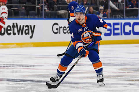 Apr 21, 2023; Elmont, New York, USA; New York Islanders center Jean-Gabriel Pageau (44) skates across the blue line against the Carolina Hurricanes during the second period in game three of the first round of the 2023 Stanley Cup Playoffs at UBS Arena. Mandatory Credit: Dennis Schneidler-USA TODAY Sports