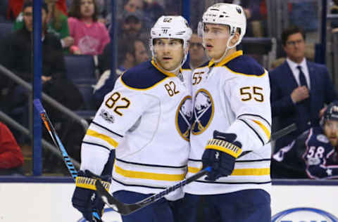 Mar 10, 2017; Columbus, OH, USA; Buffalo Sabres left wing Marcus Foligno (82) and defenseman Rasmus Ristolainen (55) against the Columbus Blue Jackets at Nationwide Arena. The Blue Jackets won 4-3. Mandatory Credit: Aaron Doster-USA TODAY Sports