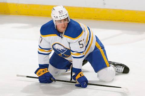 SUNRISE, FL – DECEMBER 2: Brett Murray #57 of the Buffalo Sabres stretches prior to the game against the Florida Panthers at the FLA Live Arena on December 2, 2021 in Sunrise, Florida. (Photo by Joel Auerbach/Getty Images)