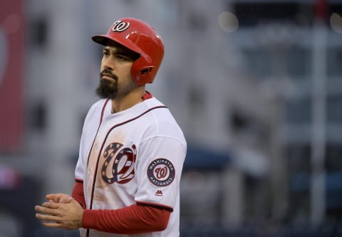 WASHINGTON, DC – SEPTEMBER 23:Washington Nationals third baseman Antthony Rendon (6) looks to the dugout from first base against the New York Mets at Nationals Park September 23, 2018 in Washington, DC. The Washington Nationals lost to the New York Mets 8-6 in the last home stand of the season.(Photo by Kattherine Frey/The Washington Post via Getty Images)