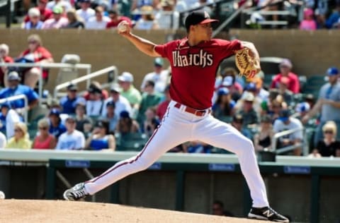 Mar 30, 2015; Salt River Pima-Maricopa, AZ, USA; Arizona Diamondbacks starting pitcher Yoan Lopez (32) throws during the first inning against the Los Angeles Dodgers at Salt River Fields at Talking Stick. Mandatory Credit: Matt Kartozian-USA TODAY Sports