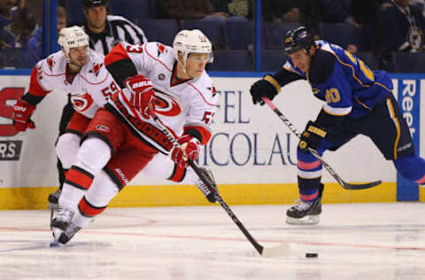 ST. LOUIS, MO – OCTOBER 21: Jeff Skinner #53 of the Carolina Hurricanes skates against Alexander Steen #20 of the St. Louis Blues at the Scottrade Center on October 21, 2011, in St. Louis, Missouri. The Blues beat the Hurricanes 3-2. (Photo by Dilip Vishwanat/Getty Images)