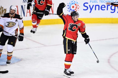 Apr 17, 2017; Calgary, Alberta, CAN; Calgary Flames center Sean Monahan (23) celebrates his first period goal against the Anaheim Ducks in game three of the first round of the 2017 Stanley Cup Playoffs at Scotiabank Saddledome. Mandatory Credit: Candice Ward-USA TODAY Sports