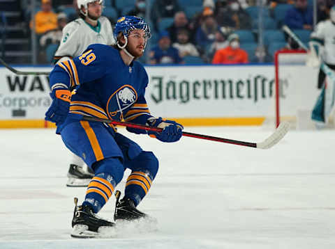 BUFFALO, NY – JANUARY 6: Ryan MacInnis #49 of the Buffalo Sabres skates in his first NHL game for the Buffalo Sabres during the first period against the San Jose Sharks at KeyBank Center on January 6, 2022 in Buffalo, New York. (Photo by Kevin Hoffman/Getty Images)