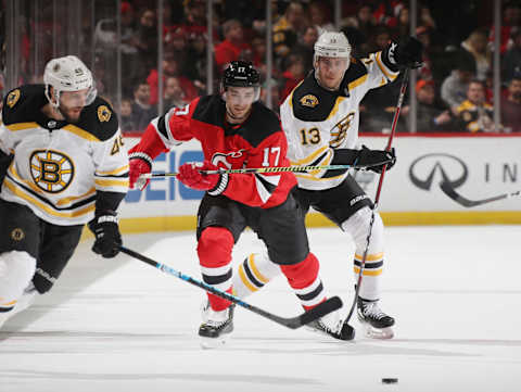 NEWARK, NEW JERSEY – MARCH 21: Kenny Agostino #17 of the New Jersey Devils.. (Photo by Bruce Bennett/Getty Images)