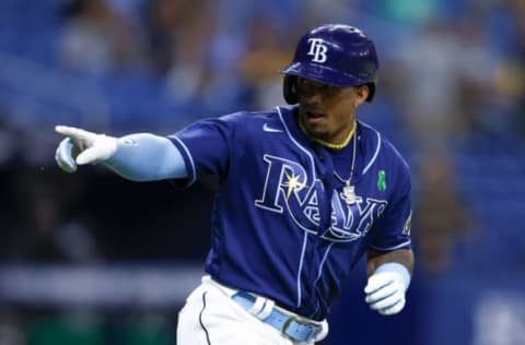 ST PETERSBURG, FLORIDA – MAY 03: Wander Franco #5 of the Tampa Bay Rays reacts after hitting a solo home run during the seventh inning against the Pittsburgh Pirates at Tropicana Field on May 03, 2023 in St Petersburg, Florida. (Photo by Douglas P. DeFelice/Getty Images)