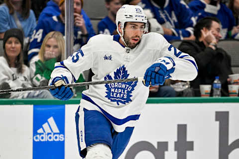 Dec 6, 2022; Dallas, Texas, USA; Toronto Maple Leafs defenseman Conor Timmins (25) skates against the Dallas Stars during the third period at the American Airlines Center. Mandatory Credit: Jerome Miron-USA TODAY Sports