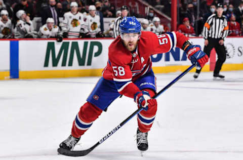 MONTREAL, QC – DECEMBER 09: David Savard #58 of the Montreal Canadiens skates against the Chicago Blackhawks during the third period at Centre Bell on December 9, 2021 in Montreal, Canada. The Chicago Blackhawks defeated the Montreal Canadiens 2-0. (Photo by Minas Panagiotakis/Getty Images)