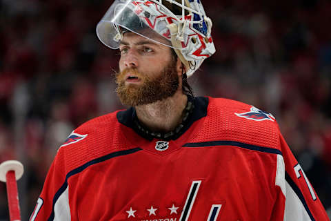 WASHINGTON, DC – OCTOBER 05: Braden Holtby #70 of the Washington Capitals looks on in the second period against the Carolina Hurricanes at Capital One Arena on October 5, 2019 in Washington, DC. (Photo by Patrick McDermott/NHLI via Getty Images)