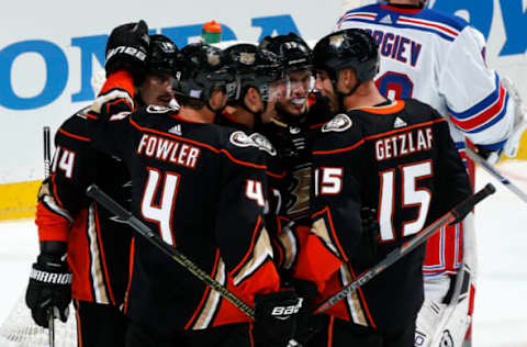 ANAHEIM, CA – NOVEMBER 1: Cam Fowler #4, Adam Henrique #14, Rickard Rakell #67, Jakob Silfverberg #33, and Ryan Getzlaf #15 of the Anaheim Ducks celebrate Silfverberg’s goal in the second period of the game against the New York Rangers on November 1, 2018, at Honda Center in Anaheim, California. (Photo by Debora Robinson/NHLI via Getty Images)