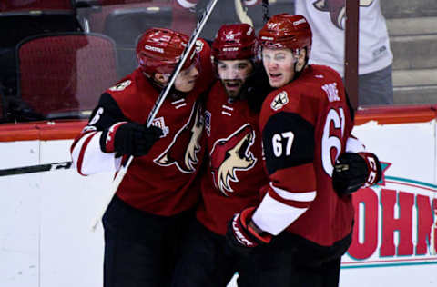 Vegas Golden Knights: Arizona Coyotes left wing Jordan Martinook (48) celebrates with defenseman Jakob Chychrun (6) and a67#@ after scoring a goal in the first period against the Los Angeles Kings at Gila River Arena. Mandatory Credit: Matt Kartozian-USA TODAY Sports