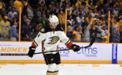 Apr 25, 2016; Nashville, TN, USA; Anaheim Ducks defenseman Cam Fowler (4) reacts after a loss against the Nashville Predators in game six of the first round of the 2016 Stanley Cup Playoffs at Bridgestone Arena. The Predators won 3-1. Mandatory Credit: Christopher Hanewinckel-USA TODAY Sports