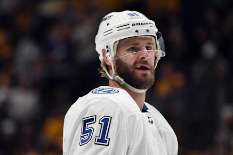 Sep 27, 2023; Nashville, Tennessee, USA; Tampa Bay Lightning forward Austin Watson (51) during the second period against the Nashville Predators at Bridgestone Arena. Mandatory Credit: Christopher Hanewinckel-USA TODAY Sports