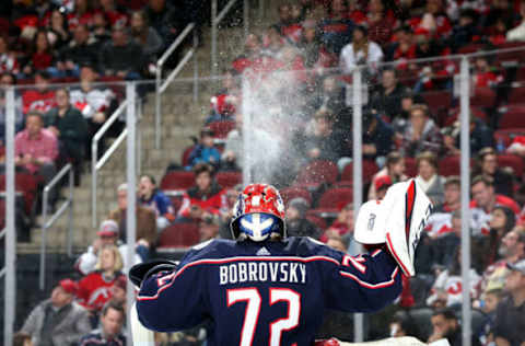 NEWARK, NJ – DECEMBER 23: Sergei Bobrovsky #72 of the Columbus Blue Jackets spits water in the air prior to the third period against the New Jersey Devils at Prudential Center on December 23, 2018 in Newark, New Jersey. (Photo by Jared Silber/NHLI via Getty Images)