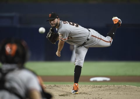 SAN DIEGO, CA – SEPTEMBER 17: Andrew Suuarez #59 of the San Francisco Giants pitches during the first inning of a baseball game against the San Diego Padres at PETCO Park on September 17, 2018 in San Diego, California. (Photo by Denis Poroy/Getty Images)