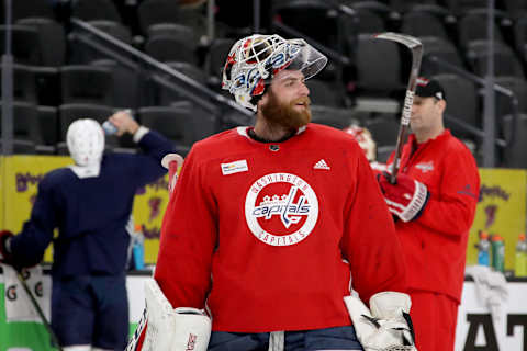 LAS VEGAS, NV – MAY 27: Braden Holtby #70 of the Washington Capitals look on during practice prior to Media Day for the 2018 NHL Stanley Cup Final at T-Mobile Arena on May 27, 2018 in Las Vegas, Nevada. (Photo by Bruce Bennett/Getty Images)