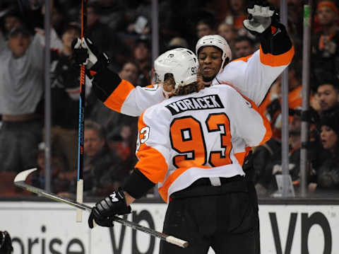 December 27, 2015; Anaheim, CA, USA; Philadelphia Flyers right wing Jakub Voracek (93) celebrates with right wing Wayne Simmonds (17) his goal scored against Anaheim Ducks during the first period at Honda Center. Mandatory Credit: Gary A. Vasquez-USA TODAY Sports