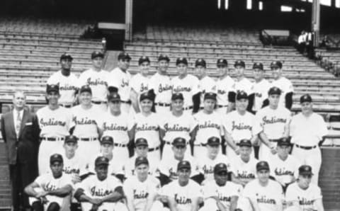 The American League champion Cleveland indians of 1954. Larry Doby and Early Wynn are in the back row, far left and second from left, and Bob Lemon second from right. Bob Feller is in the middle row, second from left, and manager Al Lopez is in the second row from the bottom, center. (Photo by Mark Rucker/Transcendental Graphics, Getty Images)