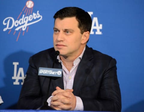 Dec 1, 2015; Los Angeles, CA, USA; Los Angeles Dodgers director of baseball operations Andrew Friedman at press conference to announce Dave Roberts (not pictured) as the first minority manager in Dodgers franchise history at Dodger Stadium. Mandatory Credit: Kirby Lee-USA TODAY Sports