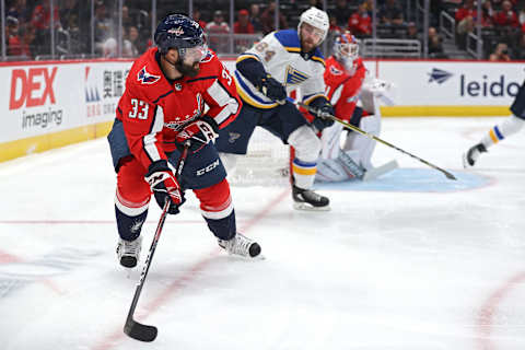 WASHINGTON, DC – SEPTEMBER 18: Radko Gudas #33 of the Washington Capitals skates past Evan Polei #64 of the St. Louis Blues during the first period of a preseason NHL game at Capital One Arena on September 18, 2019 in Washington, DC. (Photo by Patrick Smith/Getty Images)